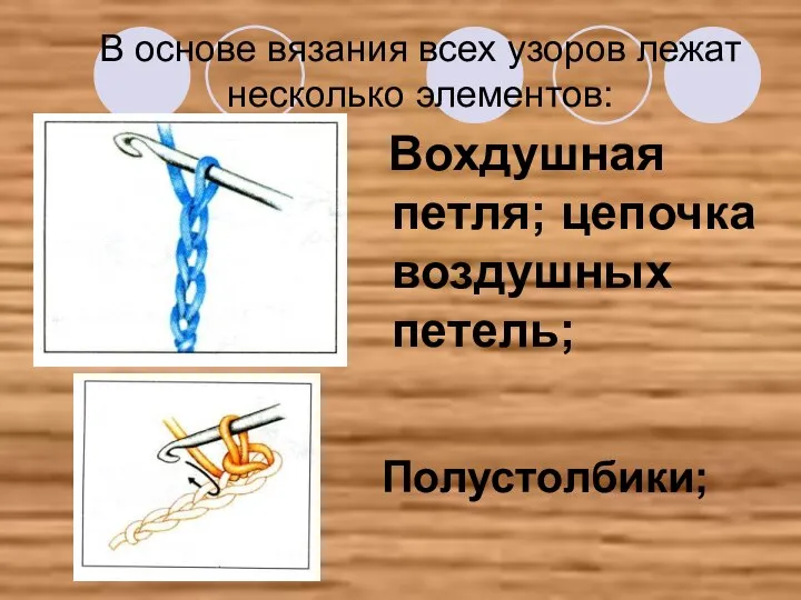 В основе вязания всех узоров лежат несколько элементов: Вохдушная петля; цепочка воздушных петель; Полустолбики;