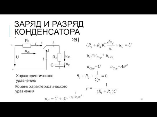 ЗАРЯД И РАЗРЯД КОНДЕНСАТОРА (заряд конденсатора) uC=uCпр+ uCсв uCпр=U uCсв=Aept Характеристическое уравнение: Корень характеристического уравнения