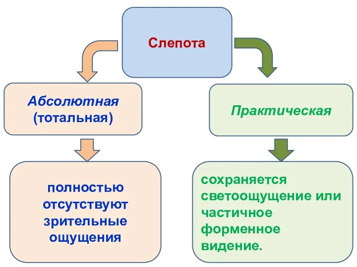 Слепота Абсолютная (тотальная) Практическая полностью отсутствуют зрительные ощущения сохраняется светоощущение или частичное форменное видение.