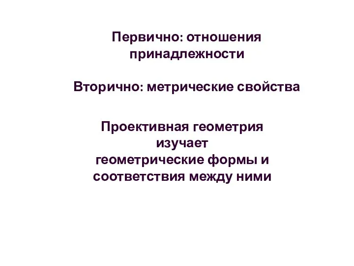 Первично: отношения принадлежности Вторично: метрические свойства Проективная геометрия изучает геометрические формы и соответствия между ними