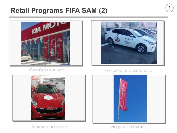 Retail Programs FIFA SAM (2) Оклейка тестового авто Наружный флаг Оклейка фасада Магниты на капот