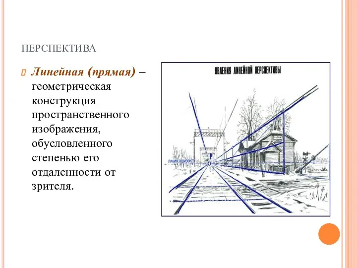 перспектива Линейная (прямая) – геометрическая конструкция пространственного изображения, обусловленного степенью его отдаленности от зрителя.