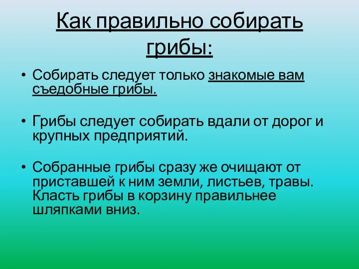 Как правильно собирать грибы: Собирать следует только знакомые вам съедобные грибы. Грибы