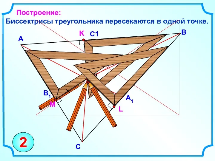 Биссектрисы треугольника пересекаются в одной точке. В А Построение: С 2
