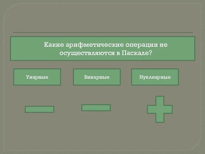 Какие арифметические операции не осуществляются в Паскале? Унарные Бинарные Нуклеарные