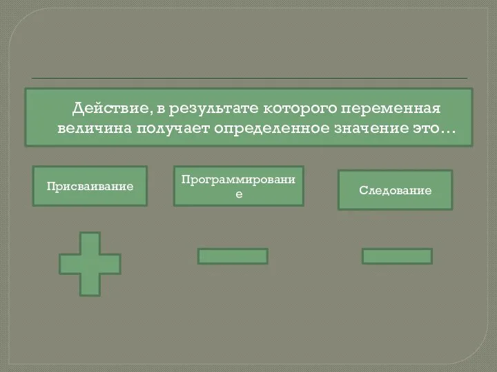 Действие, в результате которого переменная величина получает определенное значение это… Присваивание Программирование Следование