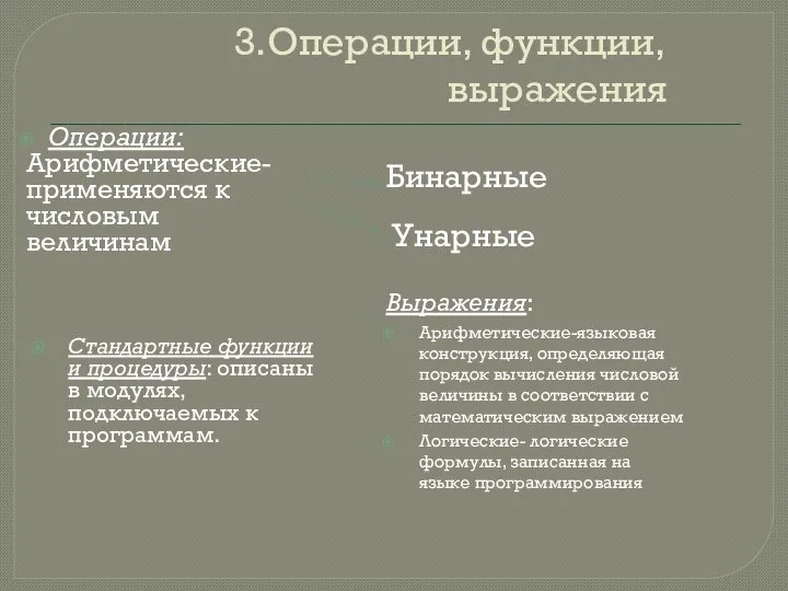 3.Операции, функции, выражения Операции: Арифметические-применяются к числовым величинам Бинарные Унарные Стандартные функции