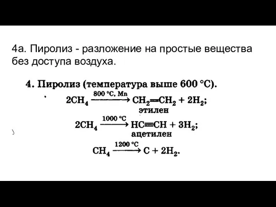 4а. Пиролиз - разложение на простые вещества без доступа воздуха. Условие: нагревание без доступа воздуха!!!