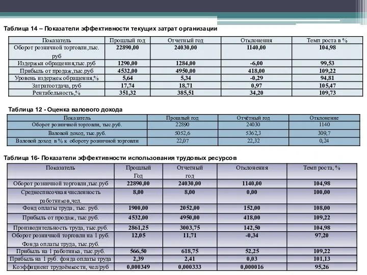 Таблица 12 - Оценка валового дохода Таблица 14 – Показатели эффективности текущих