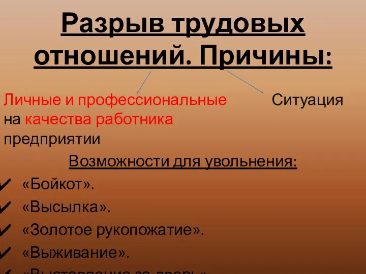 Разрыв трудовых отношений. Причины: Личные и профессиональные Ситуация на качества работника предприятии