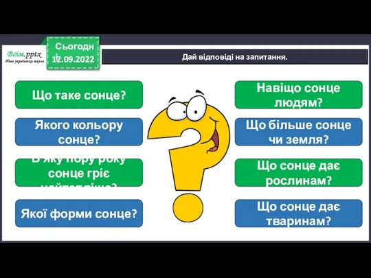 12.09.2022 Сьогодні Дай відповіді на запитання. Якої форми сонце? Якого кольору сонце?