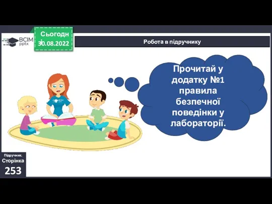 30.08.2022 Сьогодні Робота в підручнику Підручник. Сторінка 253 Прочитай у додатку №1