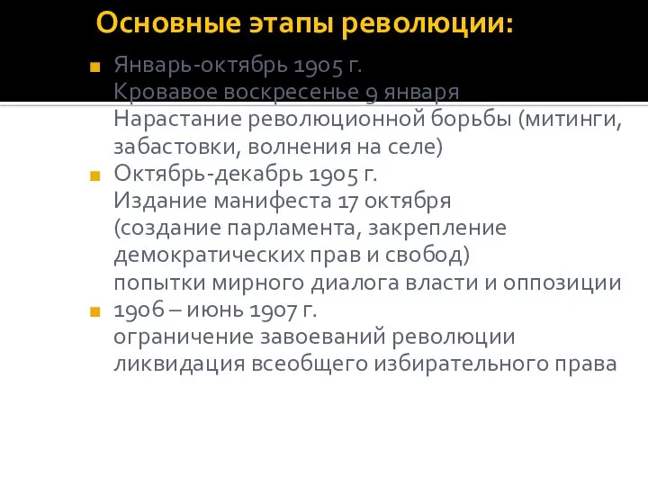 Основные этапы революции: Январь-октябрь 1905 г. Кровавое воскресенье 9 января Нарастание революционной