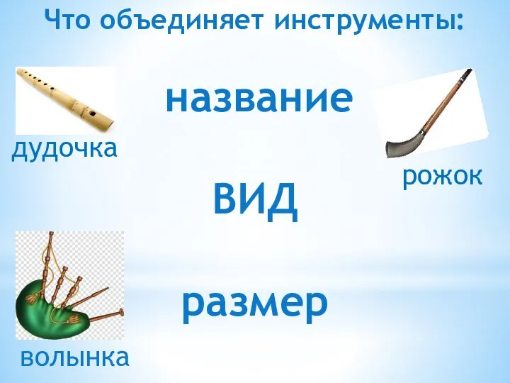 Что объединяет инструменты: название ВИД размер дудочка рожок волынка