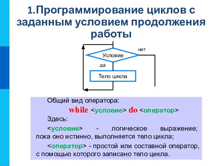 1.Программирование циклов с заданным условием продолжения работы Общий вид оператора: while do