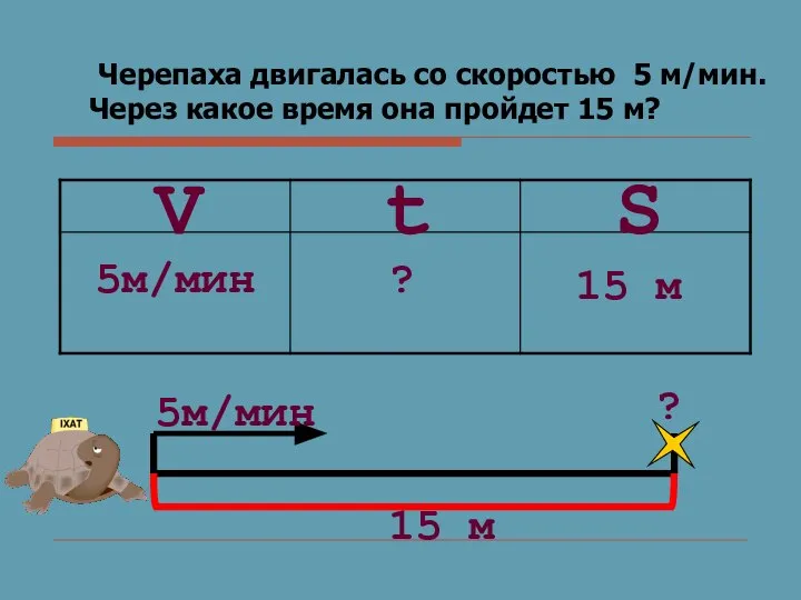 Черепаха двигалась со скоростью 5 м/мин. Через какое время она пройдет 15