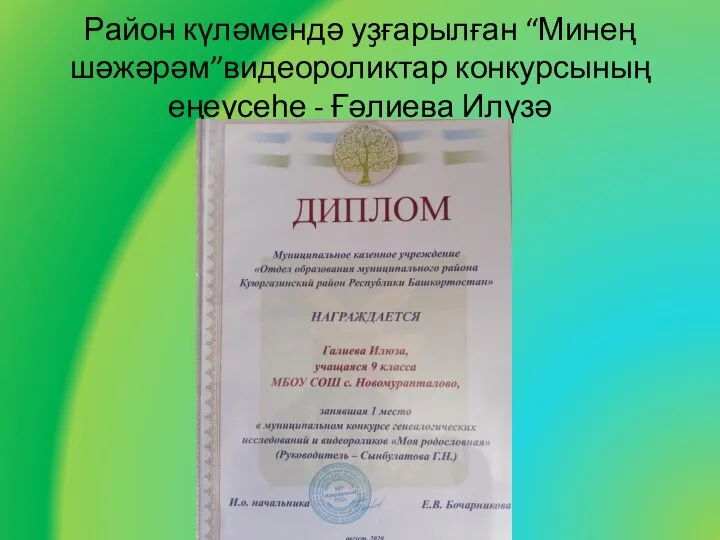 Район күләмендә уҙғарылған “Минең шәжәрәм”видеороликтар конкурсының еңеүсеһе - Ғәлиева Илүзә