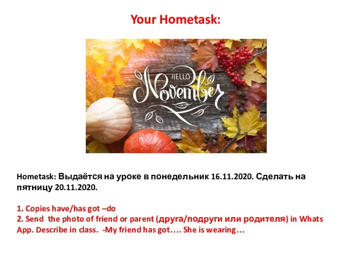 Hometask: Выдаётся на уроке в понедельник 16.11.2020. Сделать на пятницу 20.11.2020. 1.