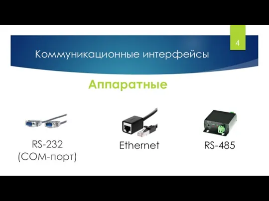 Коммуникационные интерфейсы Аппаратные RS-232 (COM-порт) Ethernet RS-485