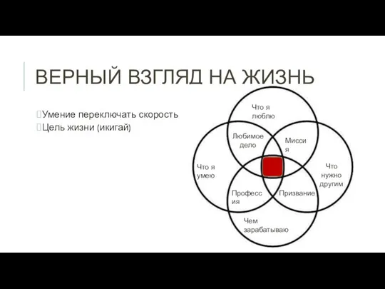 ВЕРНЫЙ ВЗГЛЯД НА ЖИЗНЬ Умение переключать скорость Цель жизни (икигай) Что я