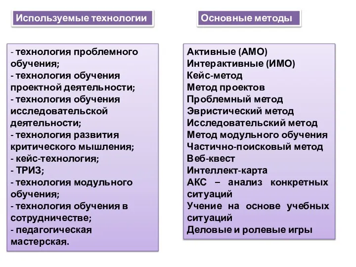 Используемые технологии - технология проблемного обучения; - технология обучения проектной деятельности; -