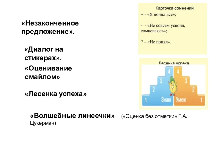 «Незаконченное предложение». «Диалог на стикерах». «Оценивание смайлом» «Лесенка успеха» «Волшебные линеечки» («Оценка без отметки» Г.А. Цукерман)