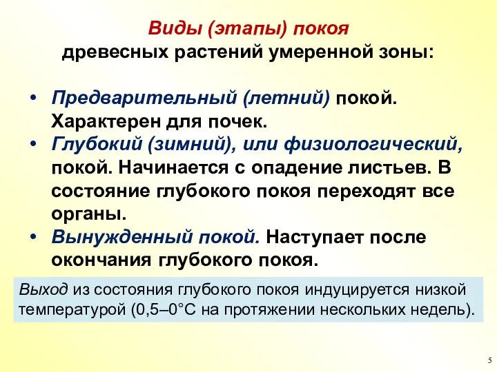 Виды (этапы) покоя древесных растений умеренной зоны: Предварительный (летний) покой. Характерен для