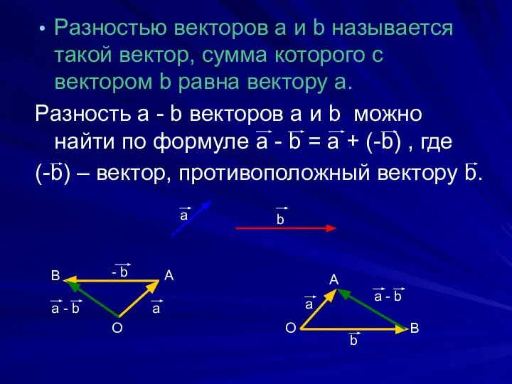 Разностью векторов а и b называется такой вектор, сумма которого с вектором