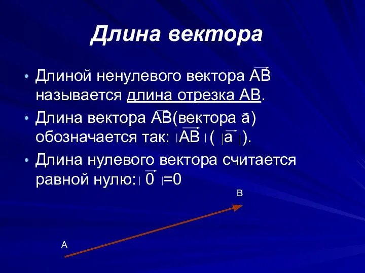 Длина вектора Длиной ненулевого вектора АВ называется длина отрезка АВ. Длина вектора