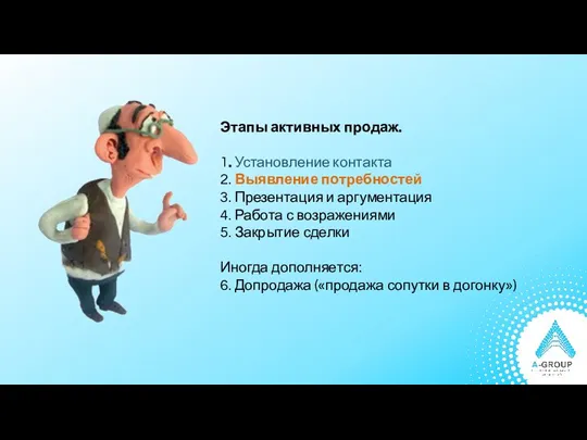 Этапы активных продаж. 1. Установление контакта 2. Выявление потребностей 3. Презентация и