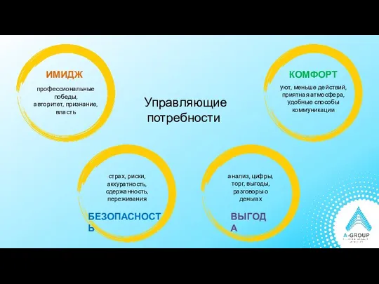 ИМИДЖ КОМФОРТ БЕЗОПАСНОСТЬ ВЫГОДА Управляющие потребности профессиональные победы, авторитет, признание, власть уют,