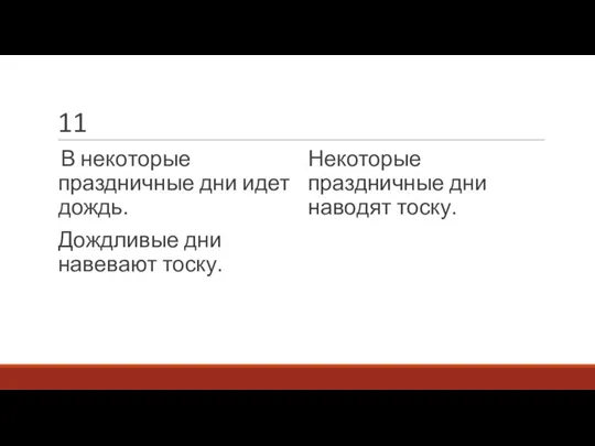 11 В некоторые праздничные дни идет дождь. Дождливые дни навевают тоску. Некоторые праздничные дни наводят тоску.