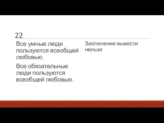 22 Все умные люди пользуются всеобщей любовью. Все обязательные люди пользуются всеобщей любовью. Заключение вывести нельзя