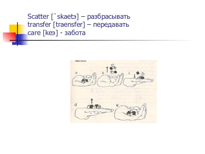 Scatter [`skaеtэ] – разбрасывать transfer [traеnsfer] – передавать care [keэ] - забота