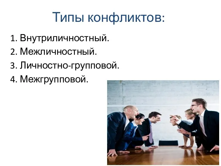 Типы конфликтов: 1. Внутриличностный. 2. Межличностный. 3. Личностно-групповой. 4. Межгрупповой.