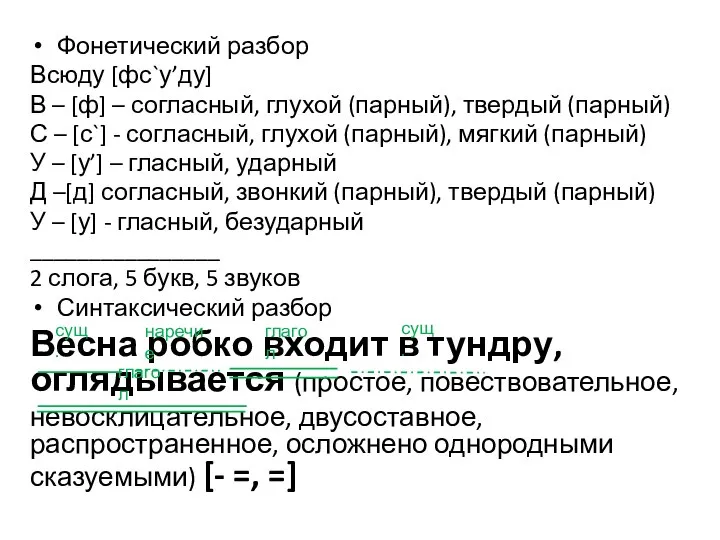 Фонетический разбор Всюду [фс`у’ду] В – [ф] – согласный, глухой (парный), твердый