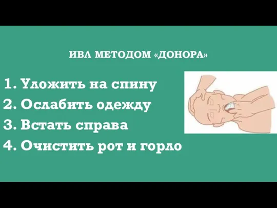 ИВЛ МЕТОДОМ «ДОНОРА» Уложить на спину Ослабить одежду Встать справа Очистить рот и горло