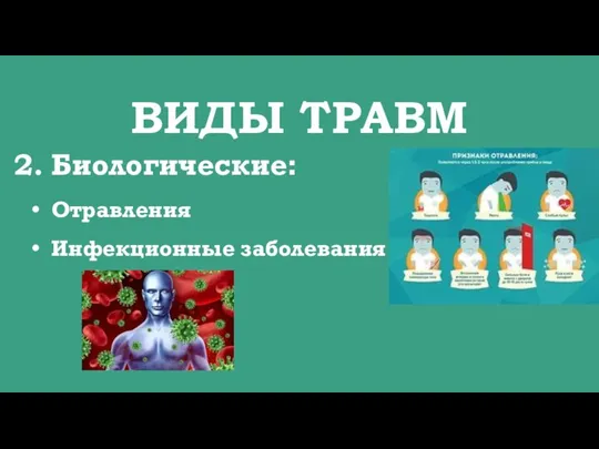 ВИДЫ ТРАВМ Биологические: Отравления Инфекционные заболевания