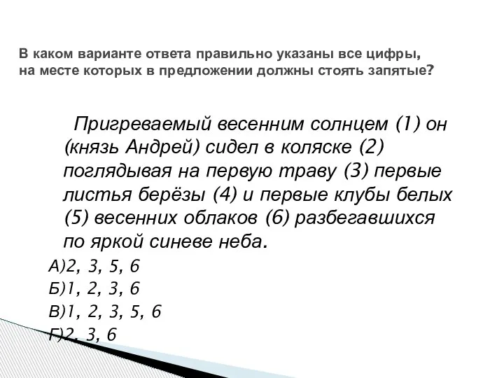 Пригреваемый весенним солнцем (1) он (князь Андрей) сидел в коляске (2) поглядывая