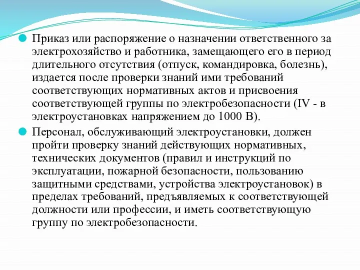 Приказ или распоряжение о назначении ответственного за электрохозяйство и работника, замещающего его