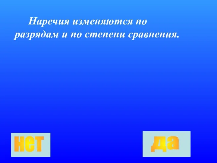 Наречия изменяются по разрядам и по степени сравнения. да нет