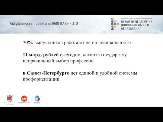 Актуальность проекта «ЗНАЮ КАК» - ЭТО 70% выпускников работают не по специальности