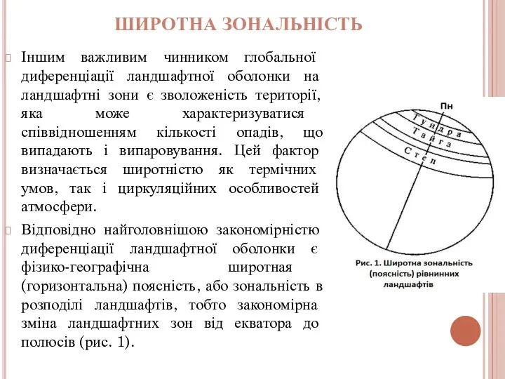 ШИРОТНА ЗОНАЛЬНІСТЬ Іншим важливим чинником глобальної диференціації ландшафтної оболонки на ландшафтні зони