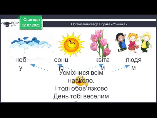 12.07.2021 Сьогодні Організація класу. Вправа «Усмішка». Усміхнися всім навколо. небу сонцю квітам