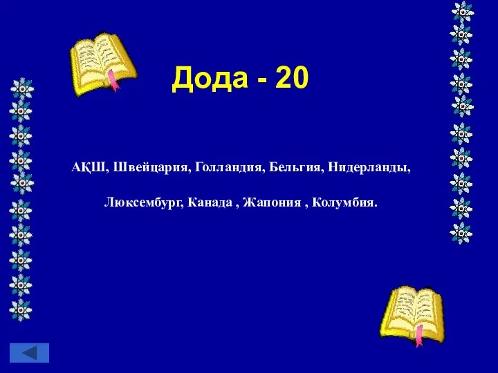 Дода - 20 АҚШ, Швейцария, Голландия, Бельгия, Нидерланды, Люксембург, Канада , Жапония , Колумбия.