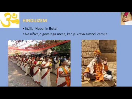 HINDUIZEM Indija, Nepal in Butan Ne uživajo govejega mesa, ker je krava simbol Zemlje.