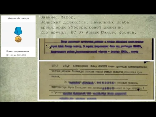 Звание: Майор. Воинская должность: Начальник Штаба артиллерии 296стрелковой дивизии. Кто вручил: ВС 37 Армии Южного фронта.