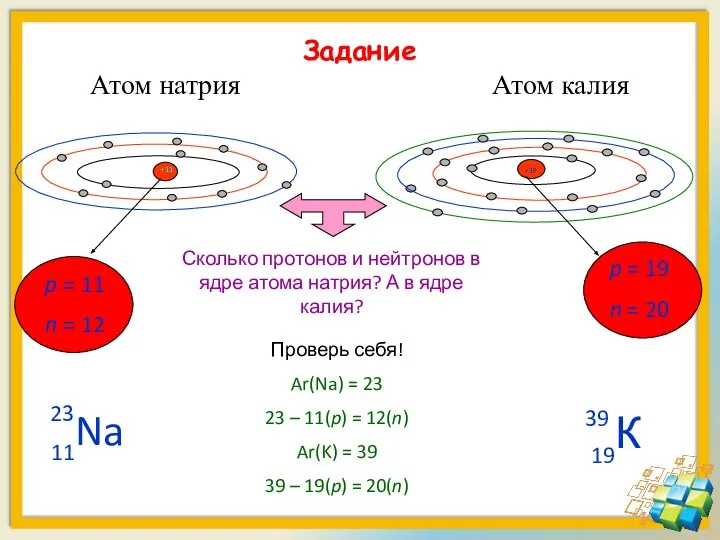 Задание Атом натрия Атом калия p = 11 n = 12 p