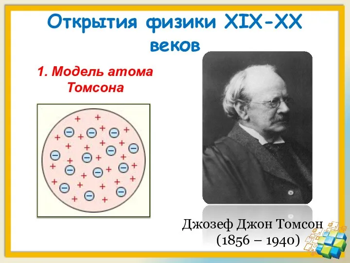 Открытия физики XIX-XX веков 1. Модель атома Томсона Джозеф Джон Томсон (1856 – 1940)