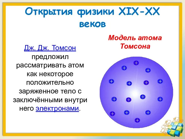 Открытия физики XIX-XX веков Дж. Дж. Томсон предложил рассматривать атом как некоторое